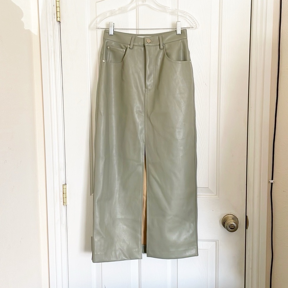 Love Bonito Faux Leather Olive Green Front Slit Midaxi Colum Skirt size 4